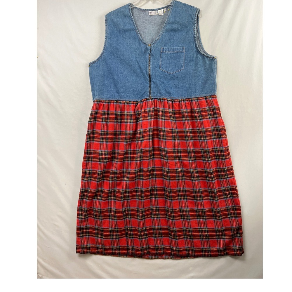 Elements Midi Jumper Dress Womens 3X Denim Flannel Red Plaid Zip Front